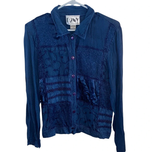 vintage 90s blue patchwork shirt jacket shacket boho western Fall whimsigoth - Picture 1 of 8